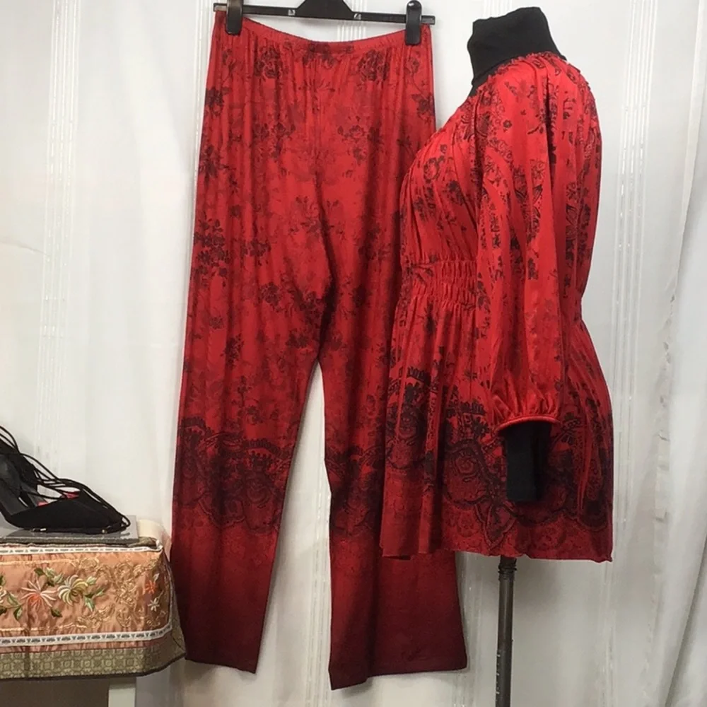 🪭 Starille Red Black Super Soft Long Sleeve Top & Pants Loungewear Set Sz.M/L - Picture 10 of 11